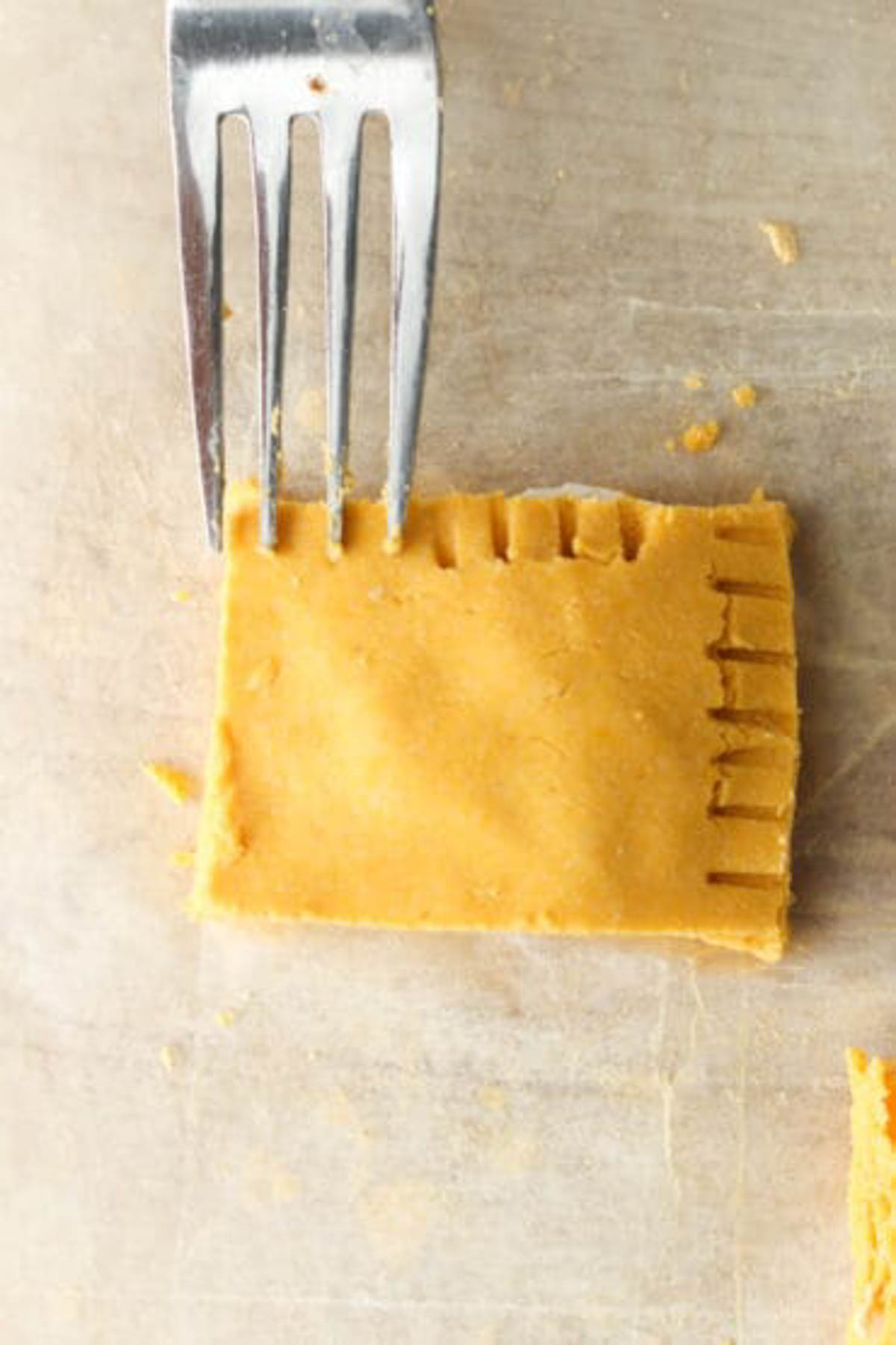 Raw gluten free ravioli with a fork pressing down the edges. 