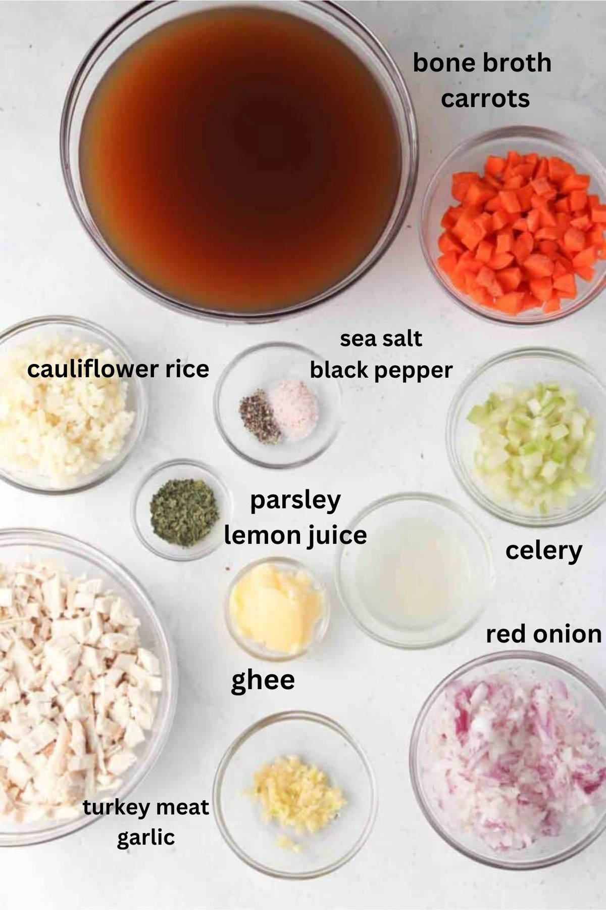 Instant pot turkey soup ingredients in small glass bowls.