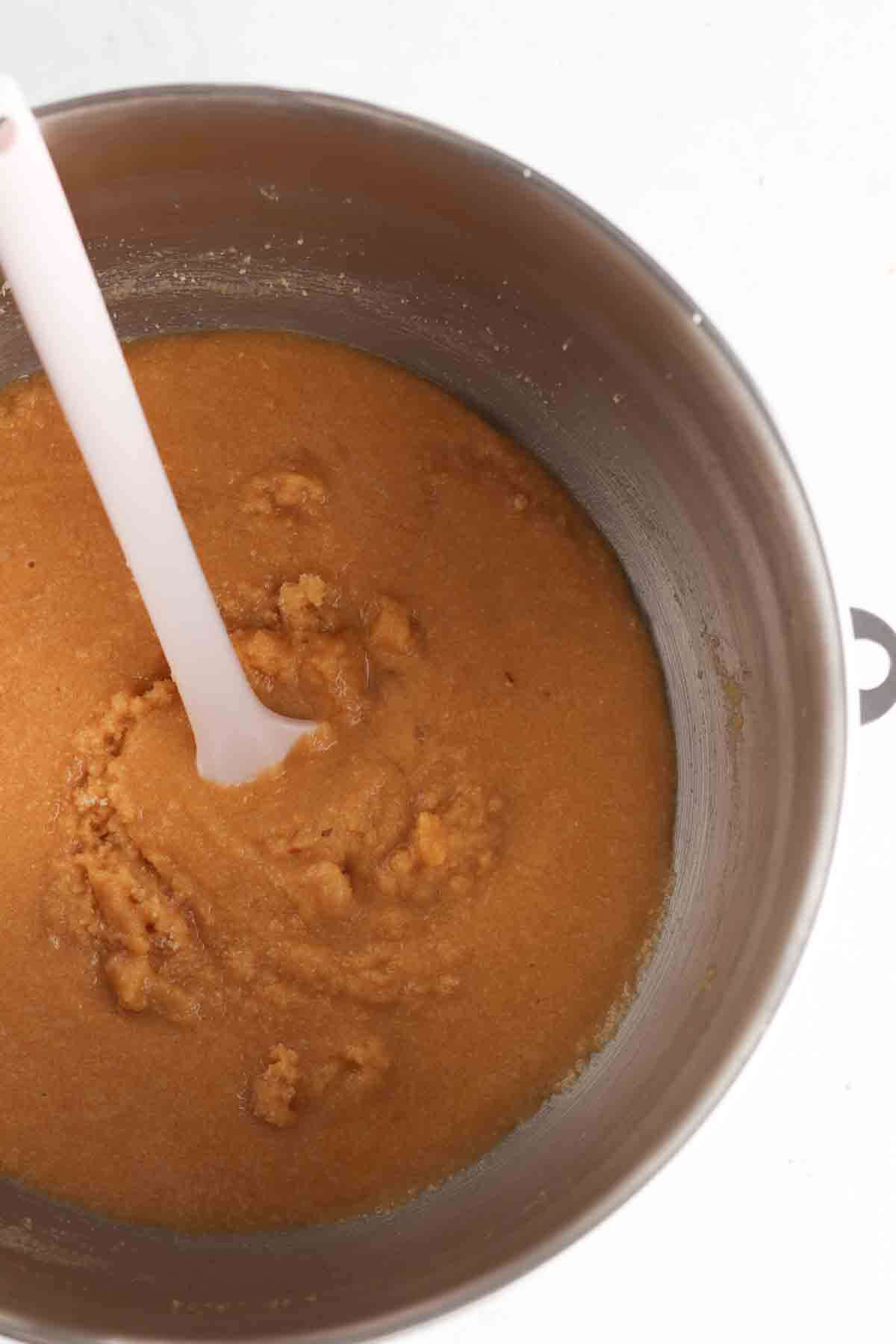 Cake ingredients in a large mixing bowl. 