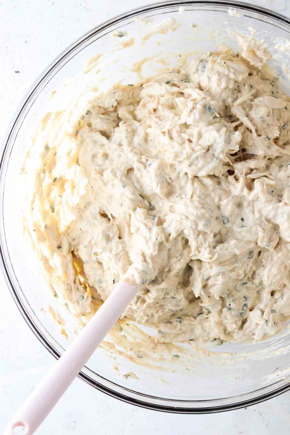 Crab dip well mixed in a bowl.