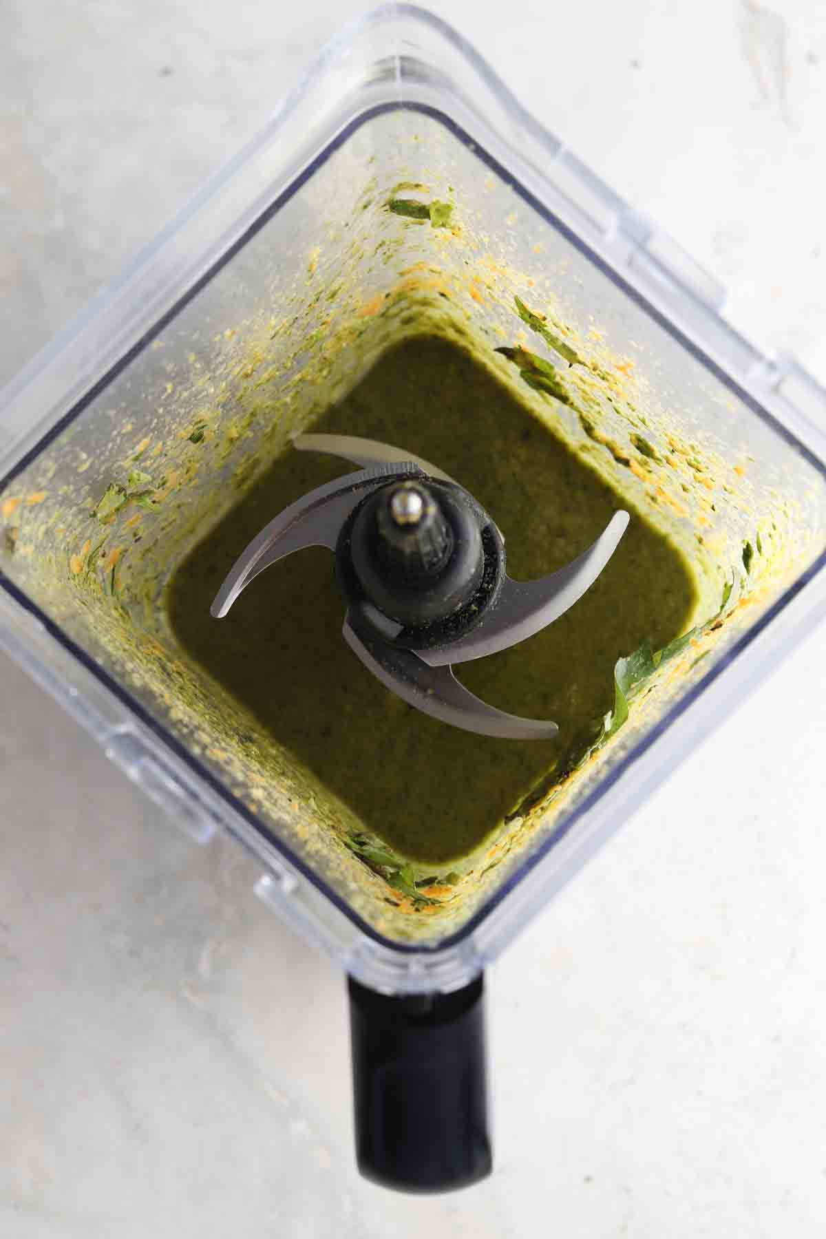 Pesto blended in the food processor until smooth.