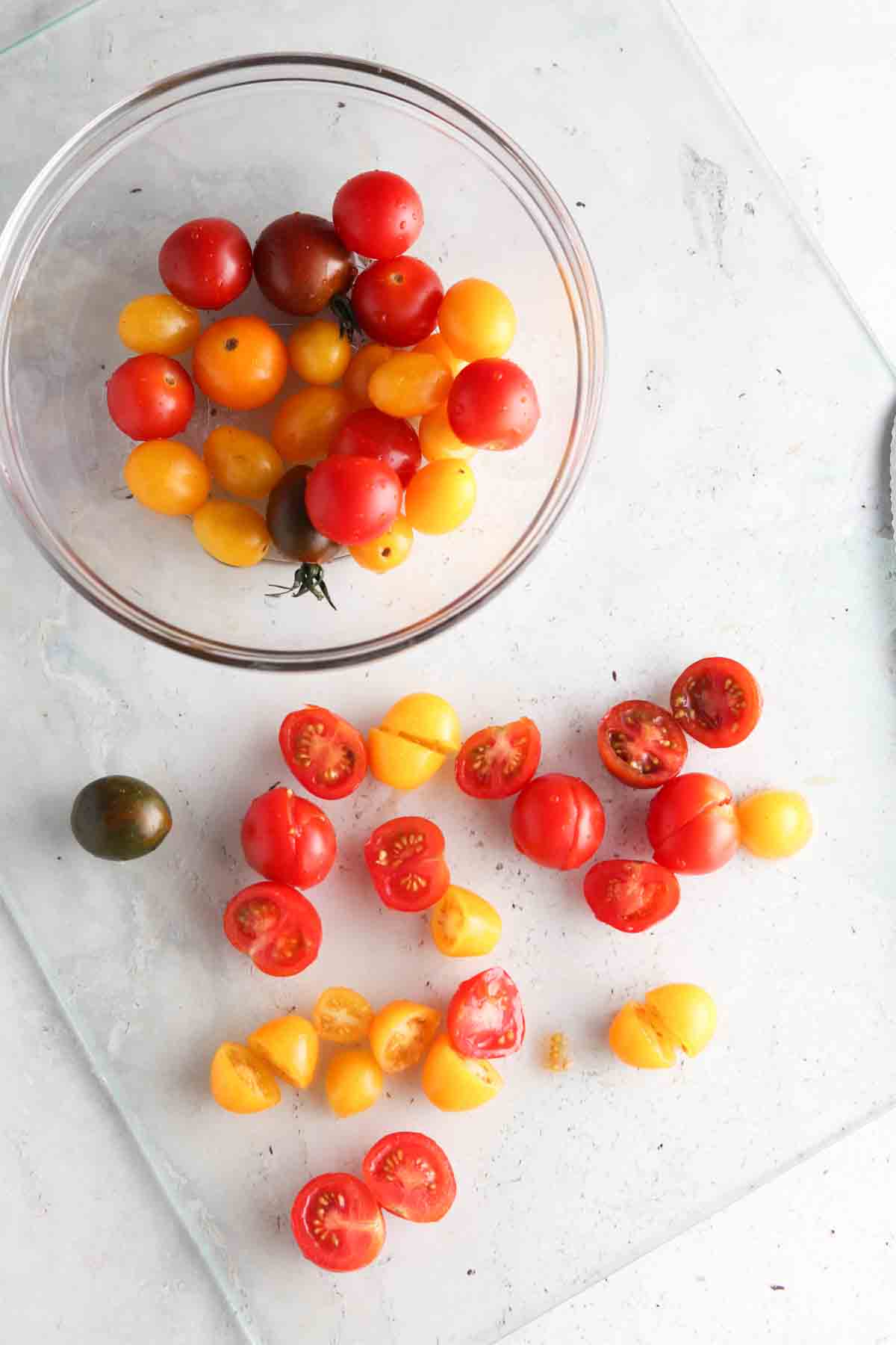 Washed and chopped up tomatoes. 