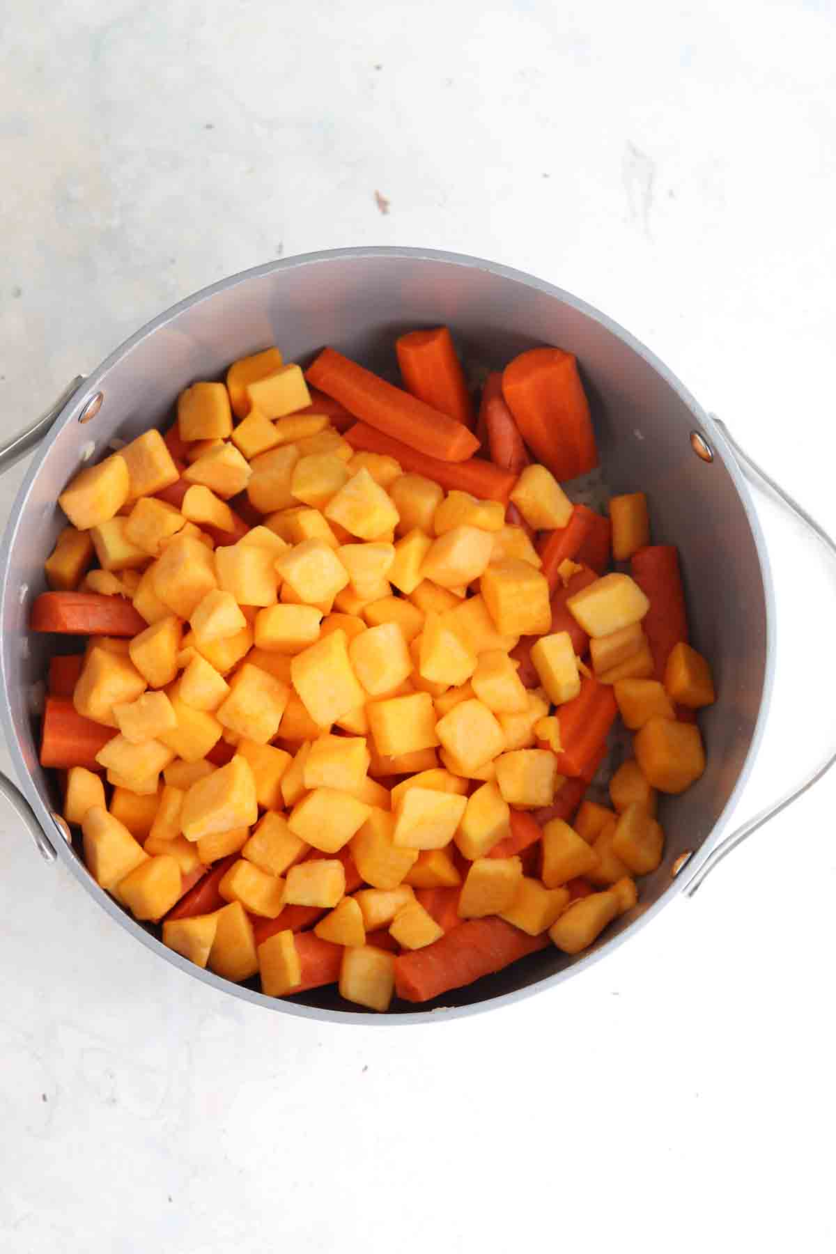 Yellow onion, butternut squash and carrots in a large soup bowl.