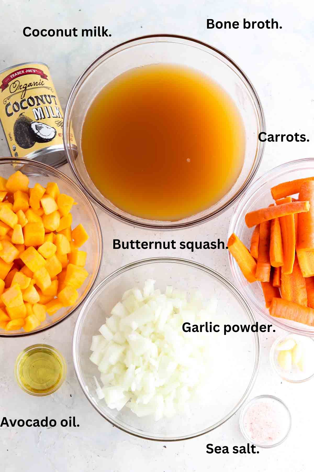 Soup ingredients laid out on the counter. 