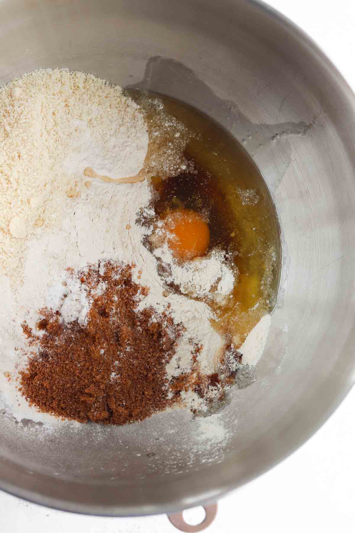 Cookie ingredients in one large bowl.