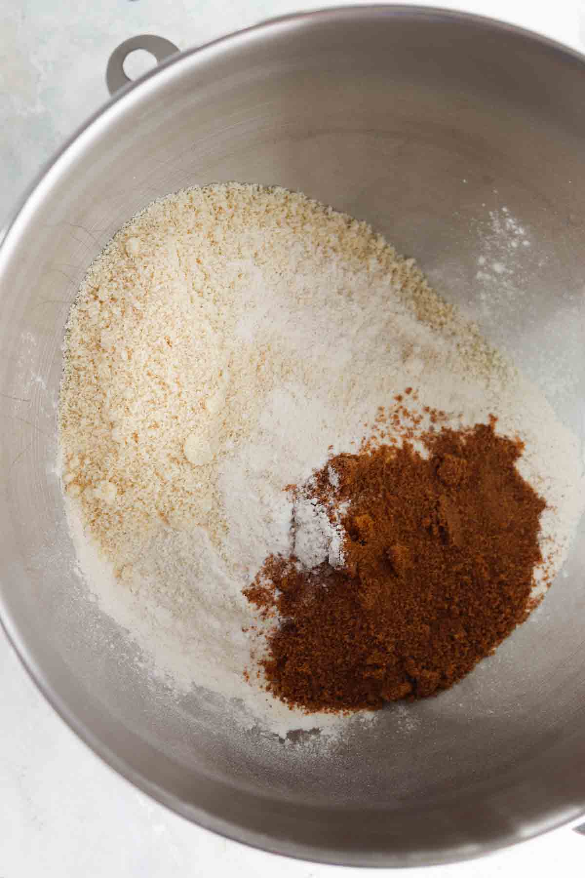 Coconut sugar, sea salt, baking powder, arrowroot, almond flour, and cassava flour in a large bowl.
