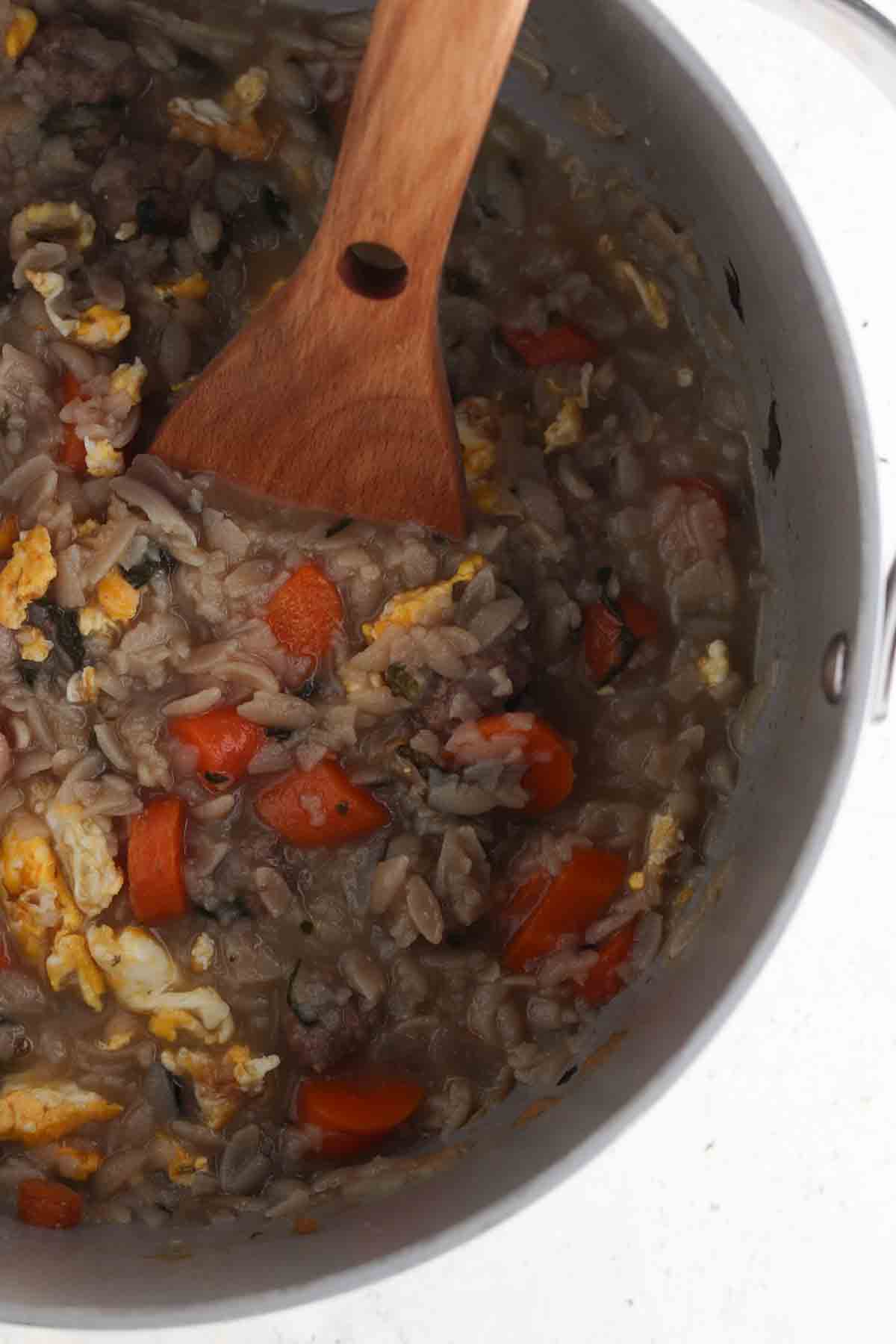Orzo poured in wedding soup.