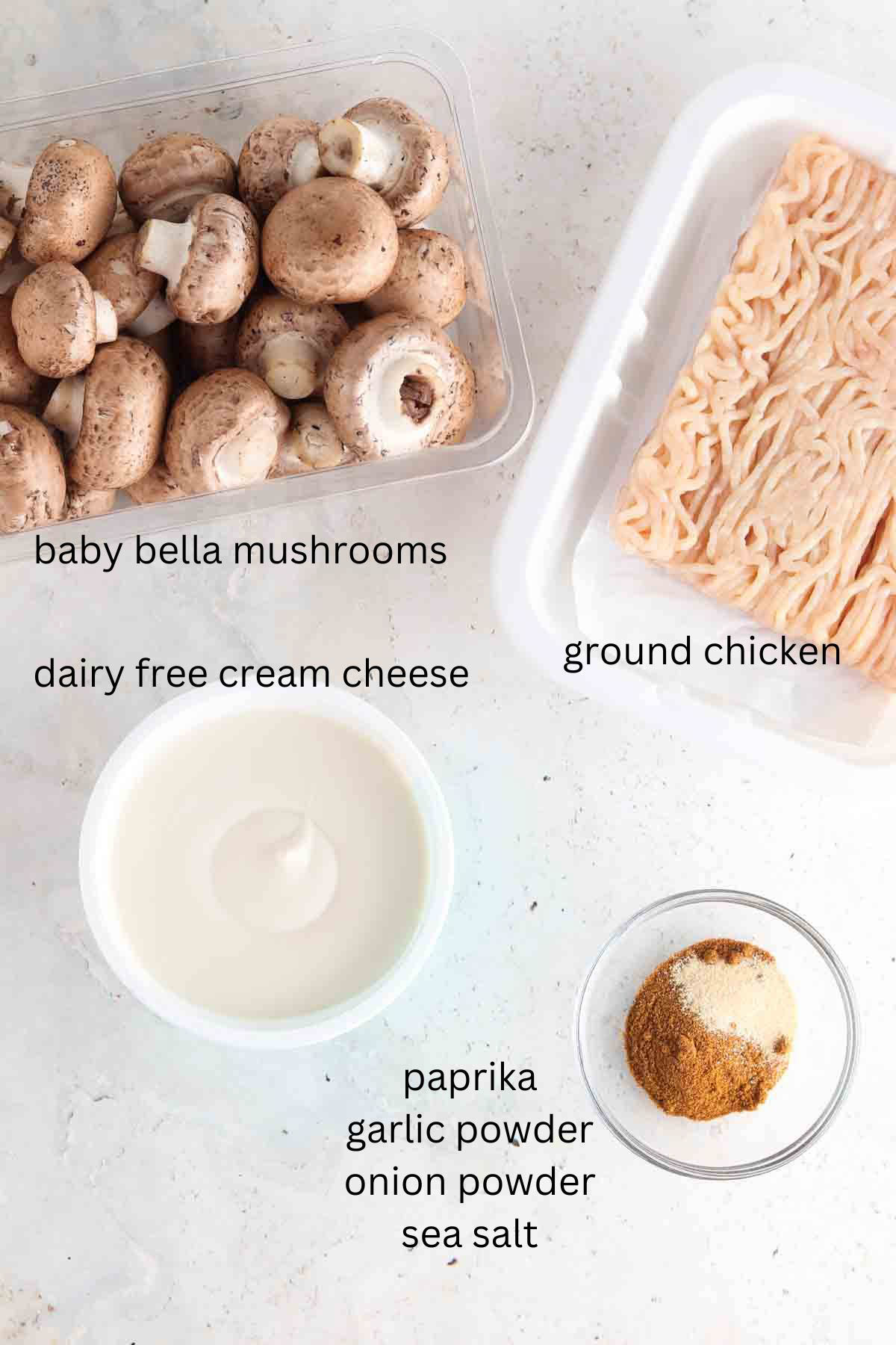 Mushroom ingredients in glass bowls on the counter. 