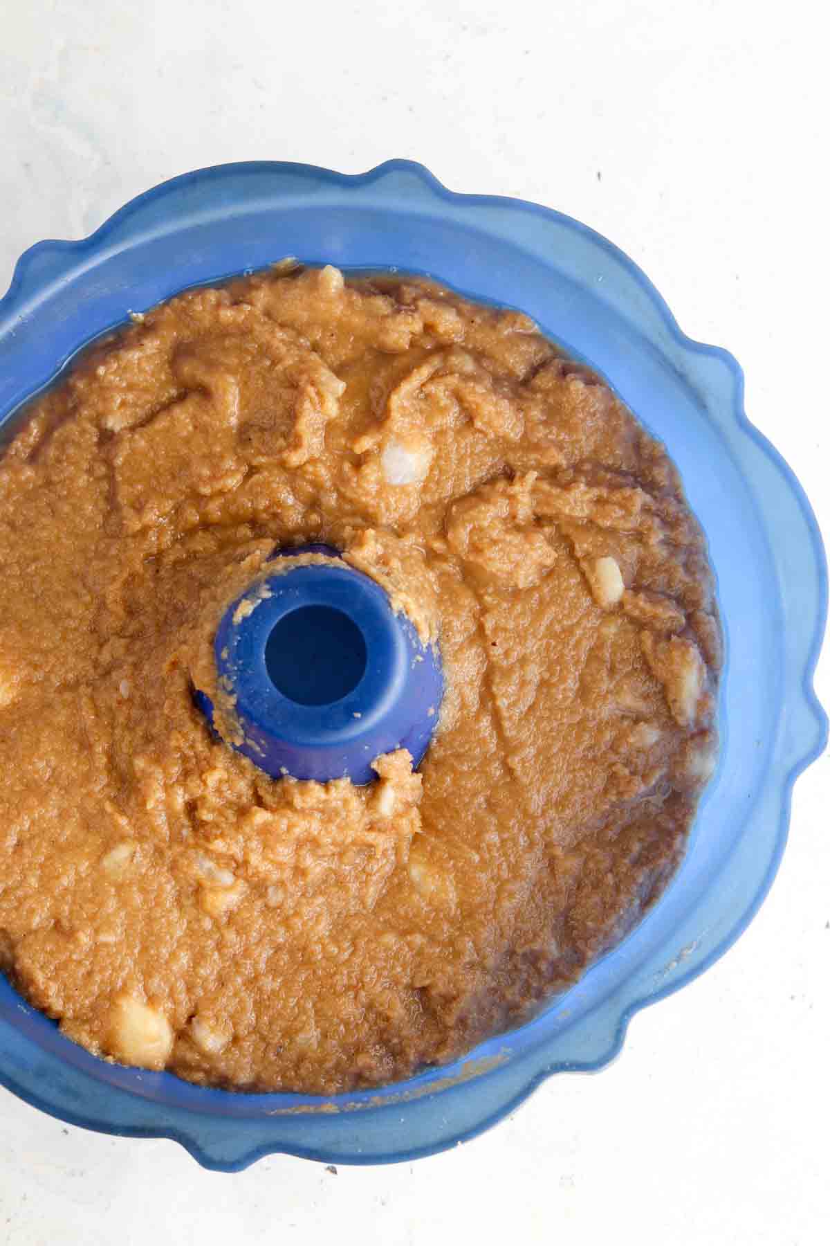 Banana cake in a silicone cake pan.