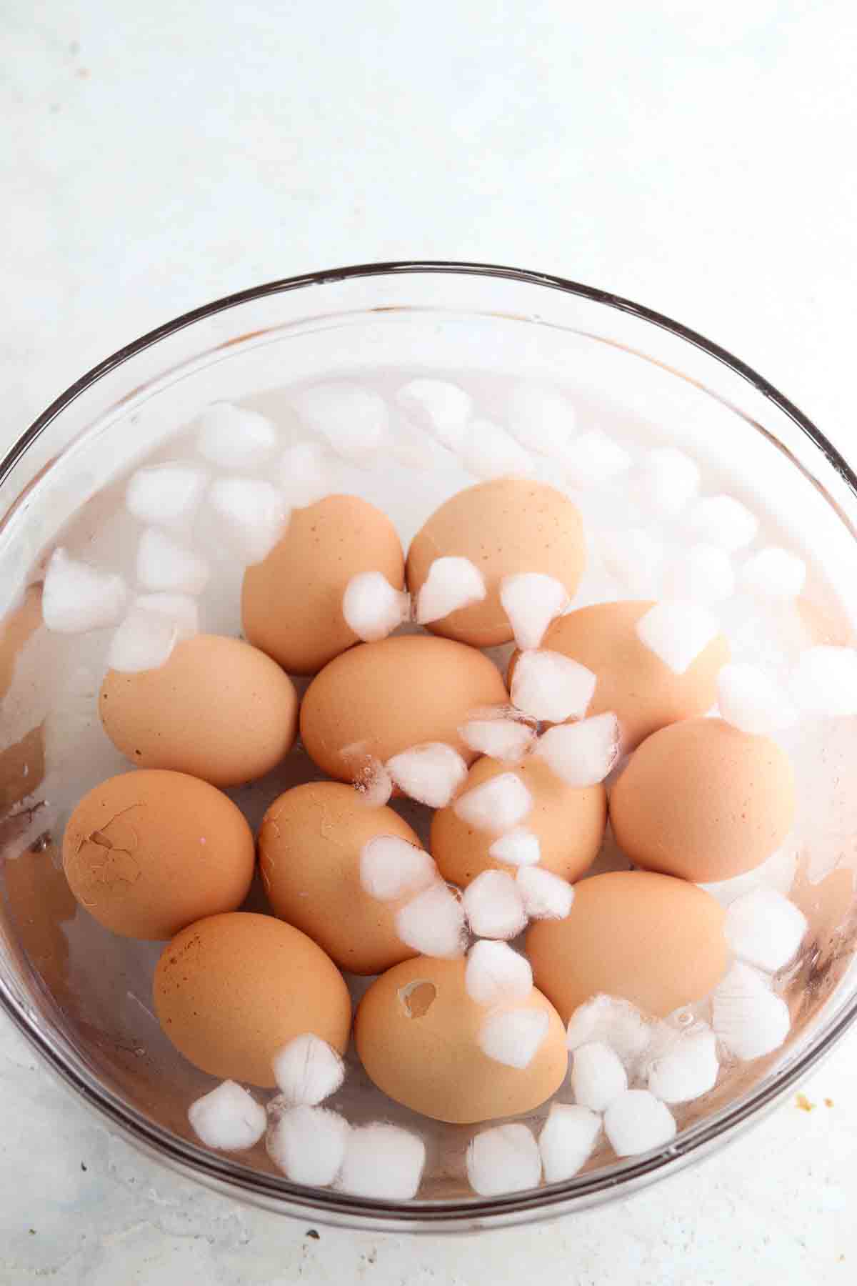 Hard boiled eggs in an ice bath. 