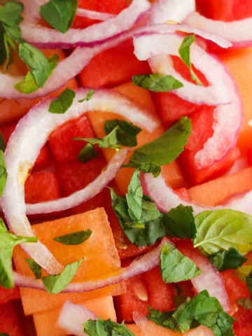 Close up photo of cantaloupe, watermelon, mint and onions.